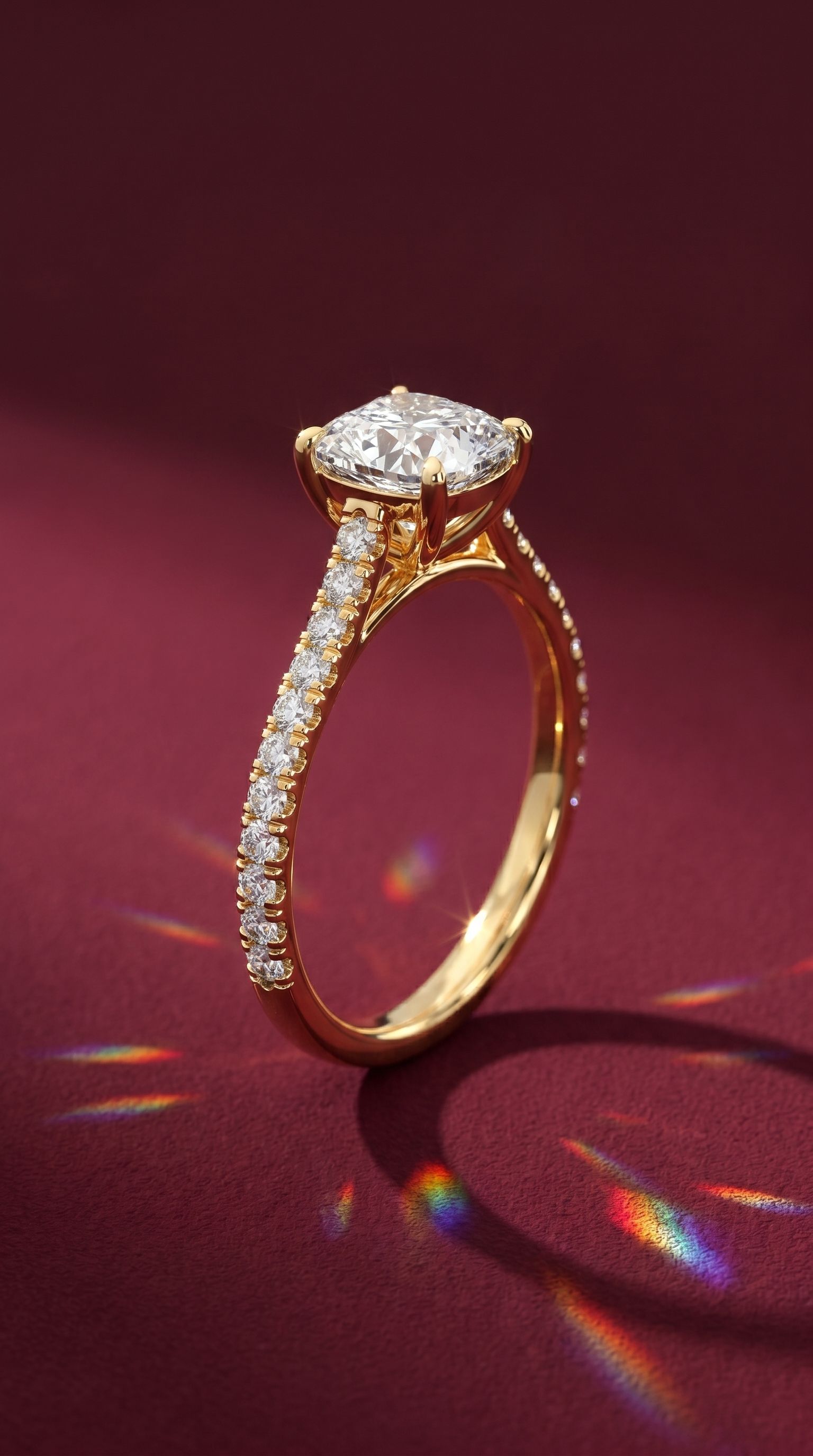 Cushion cathedral sidestone ring on burgundy surface