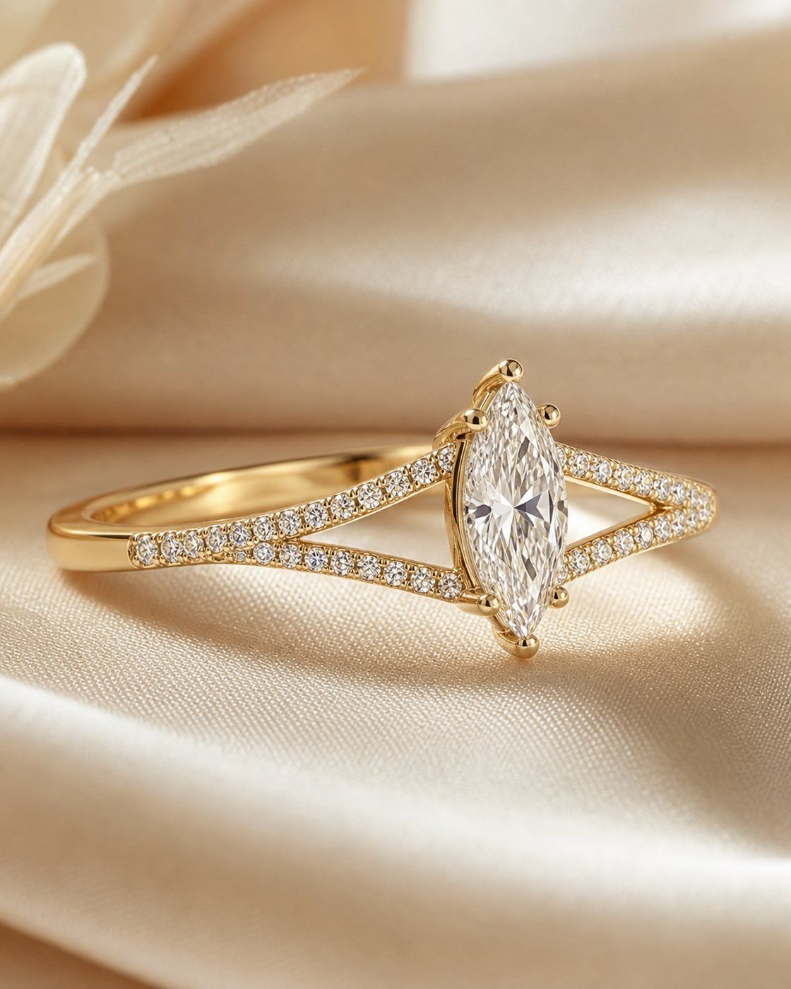 Side profile of marquise split-shank ring