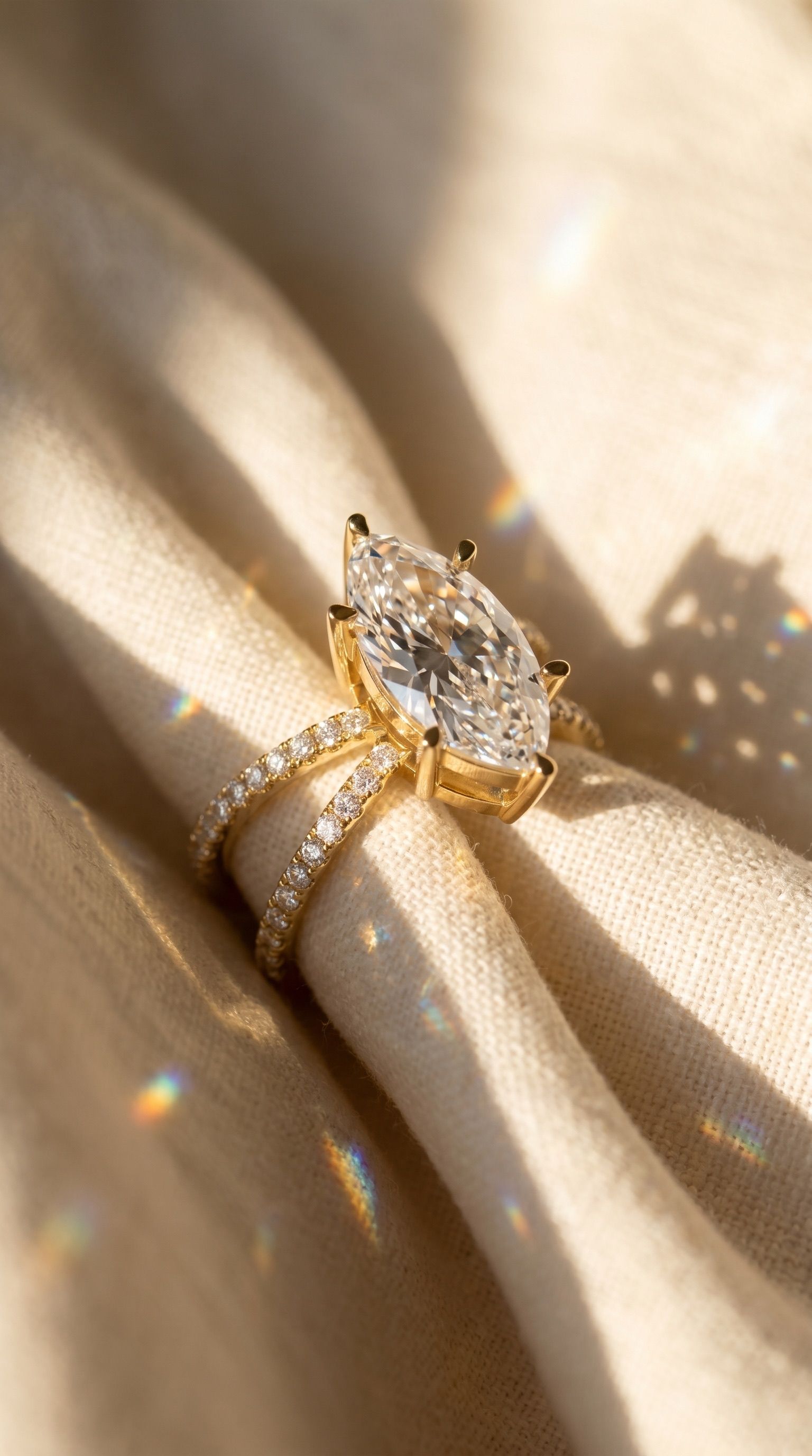 Marquise split-shank ring on ivory fabric