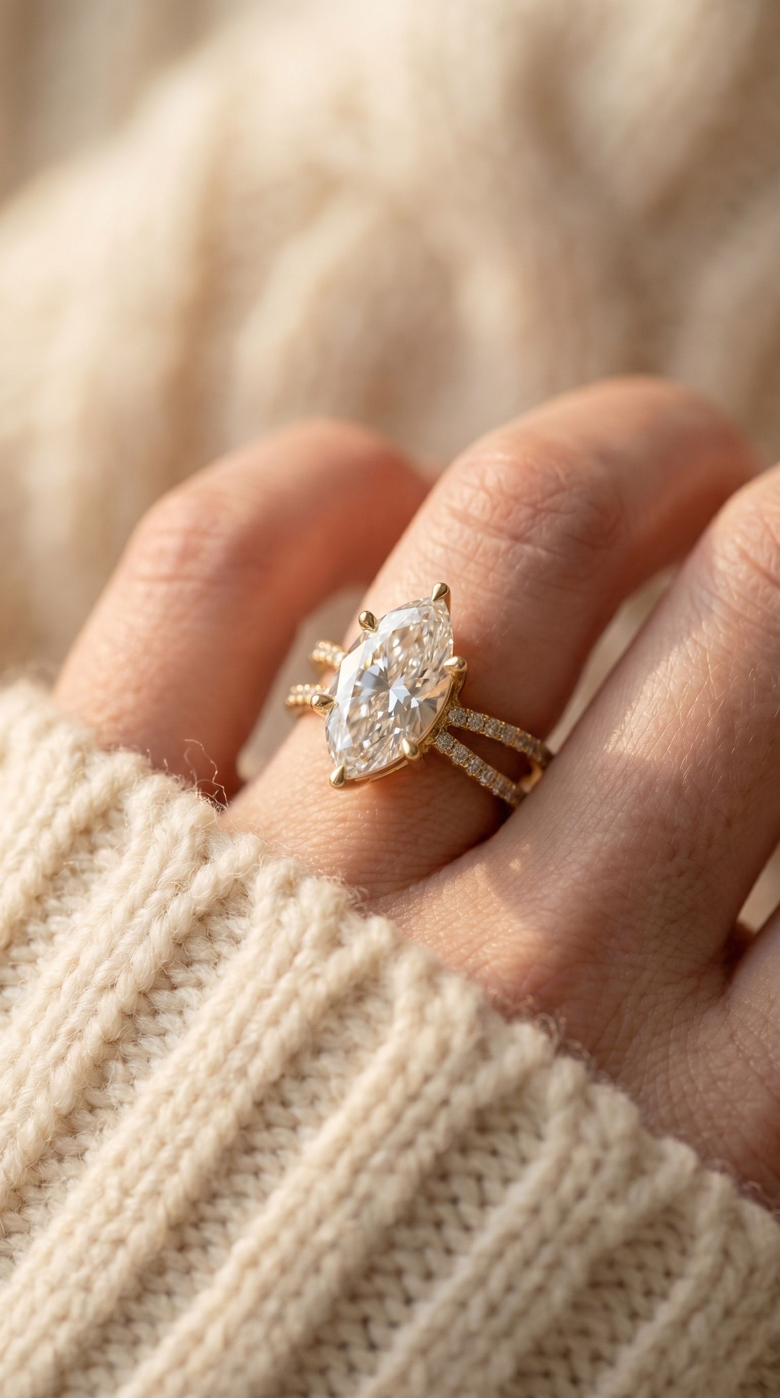 Marquise split-shank ring worn on hand