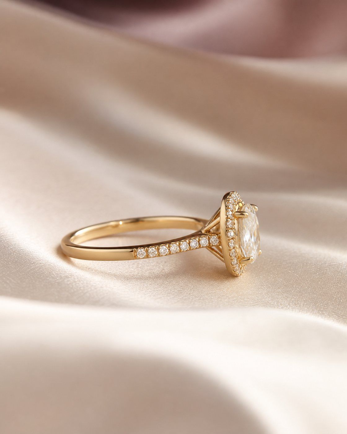 Side profile of oval halo ring with pave sidestones