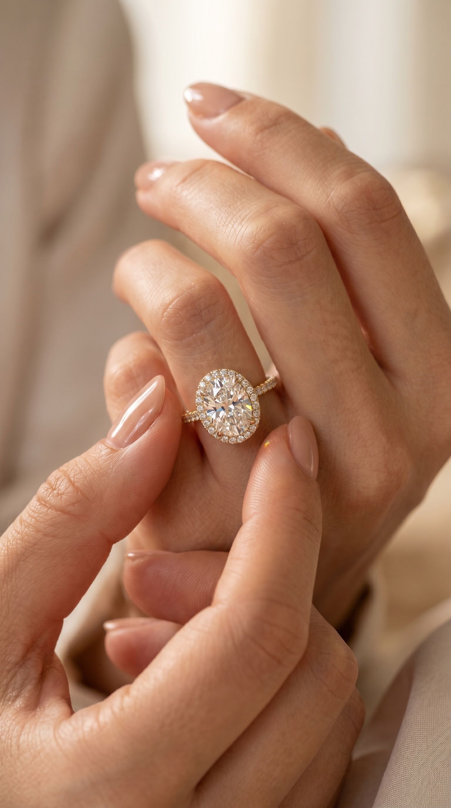 Oval halo ring worn on hand