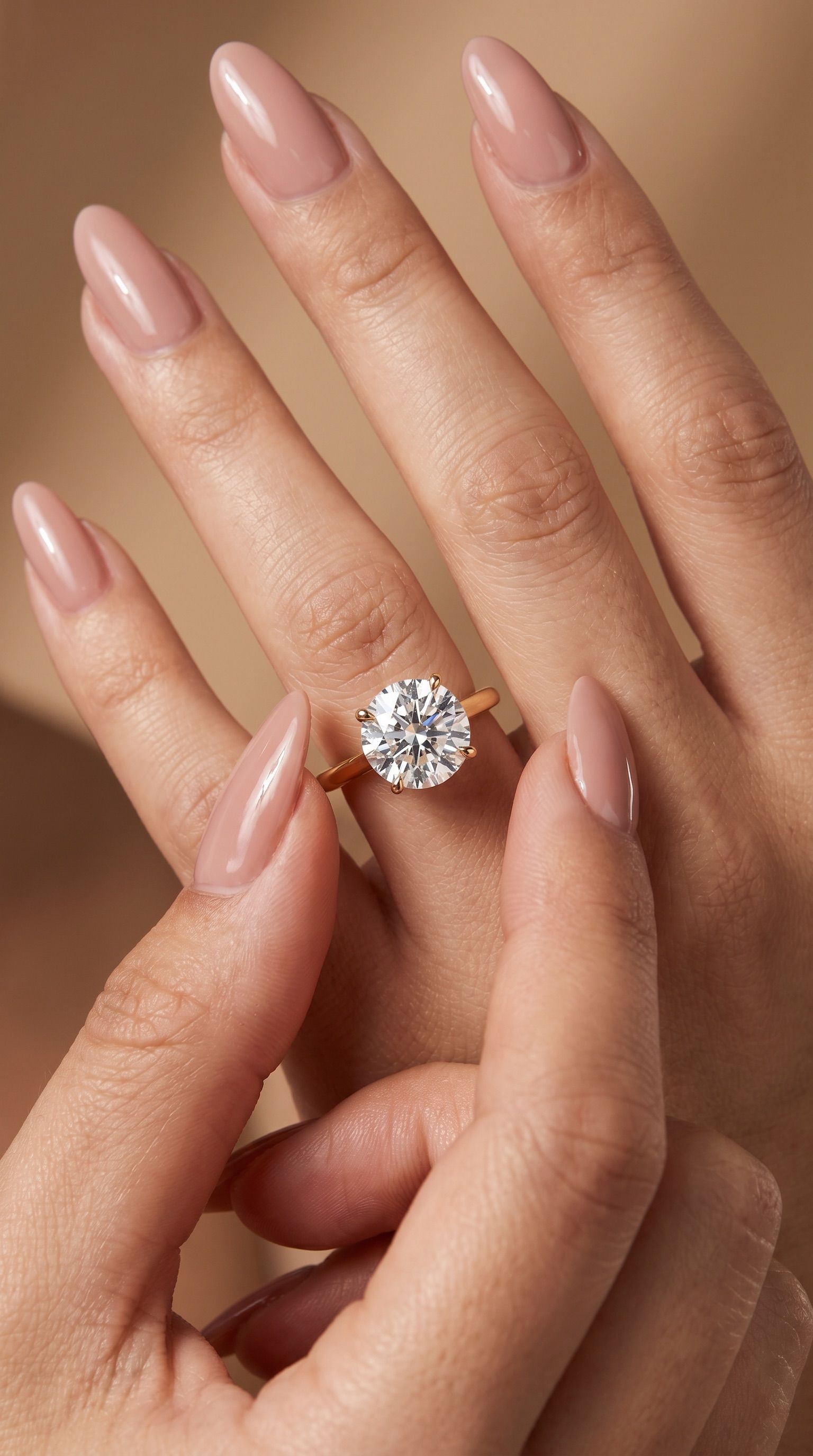 Round cathedral solitaire ring worn on hand