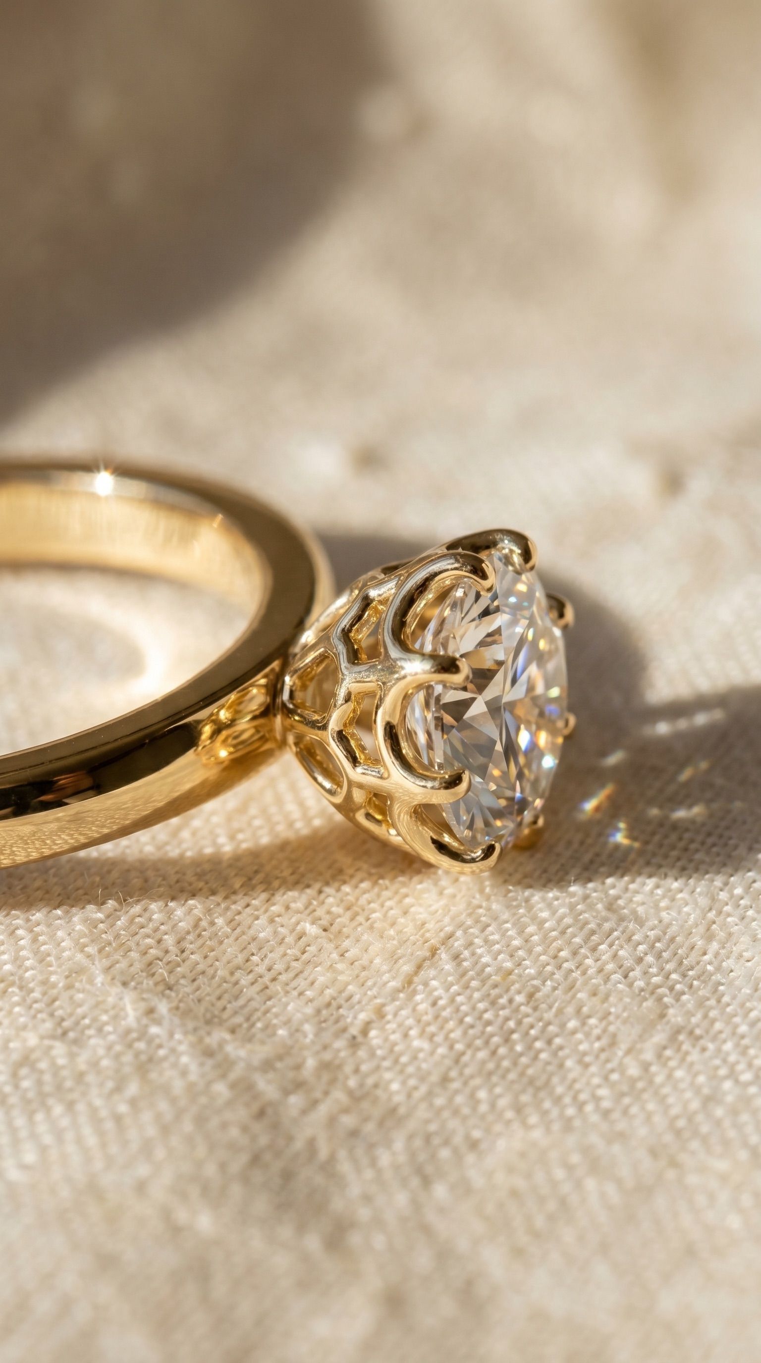 Round eight-prong statement ring on ivory fabric