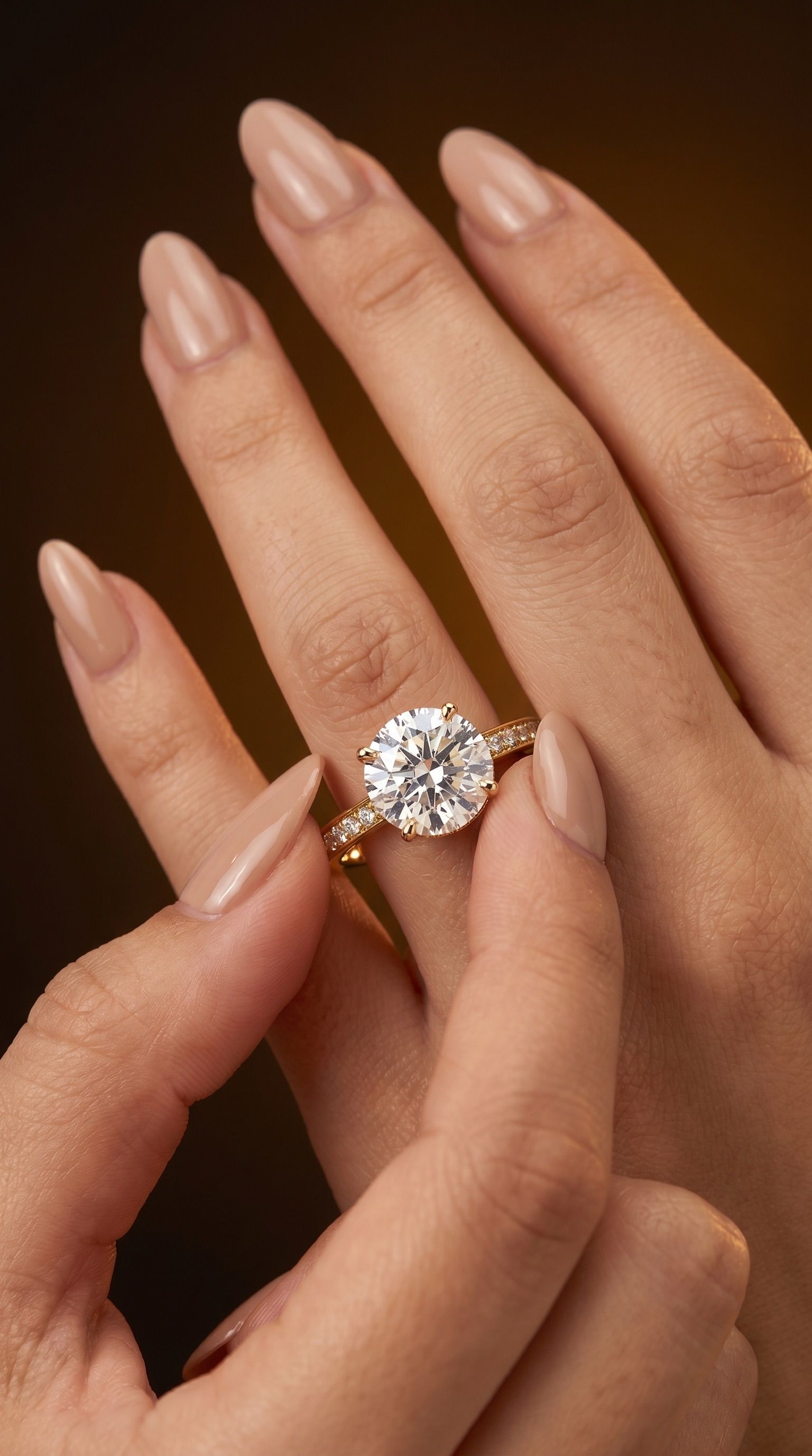 Round gallery sidestone ring worn on hand