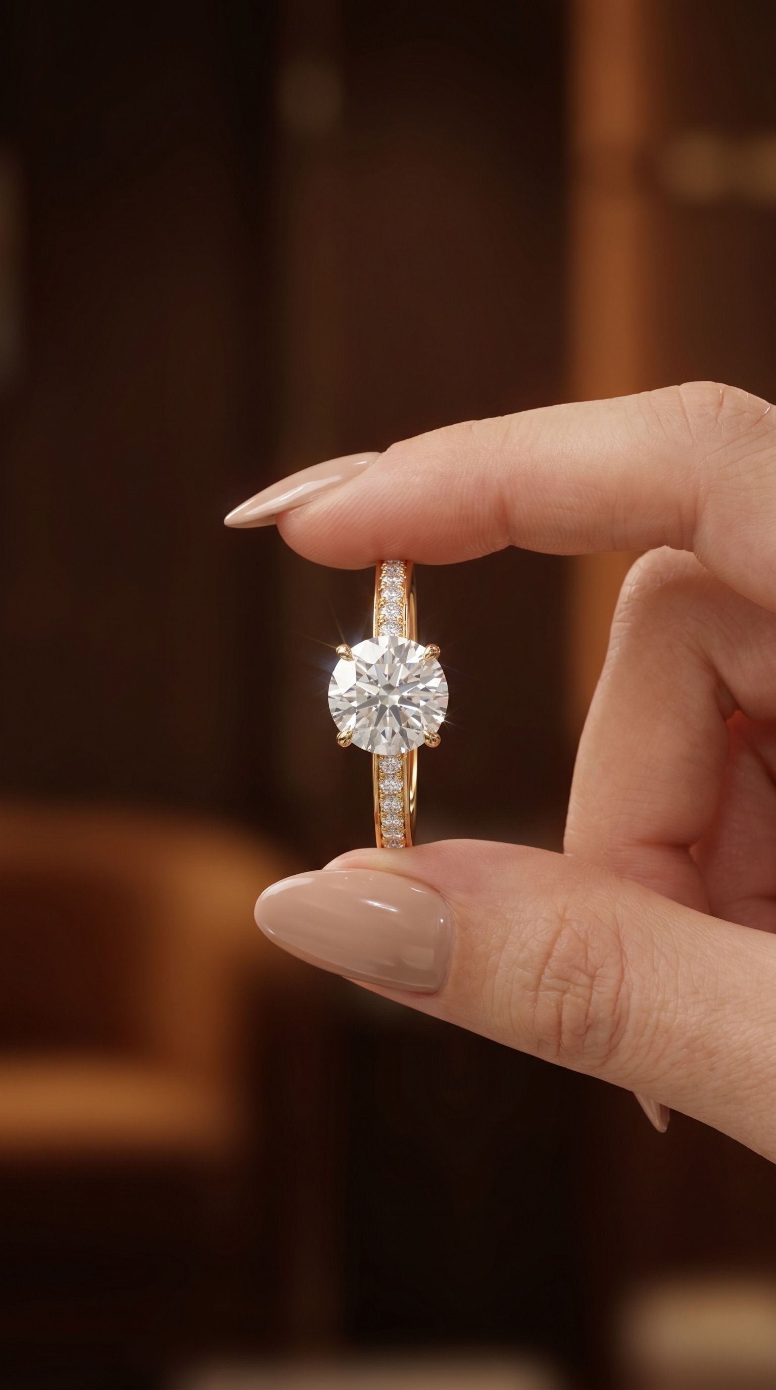 Round gallery sidestone ring held between fingers