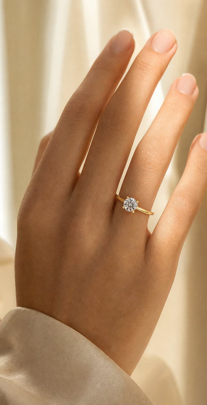 Round solitaire ring worn on hand