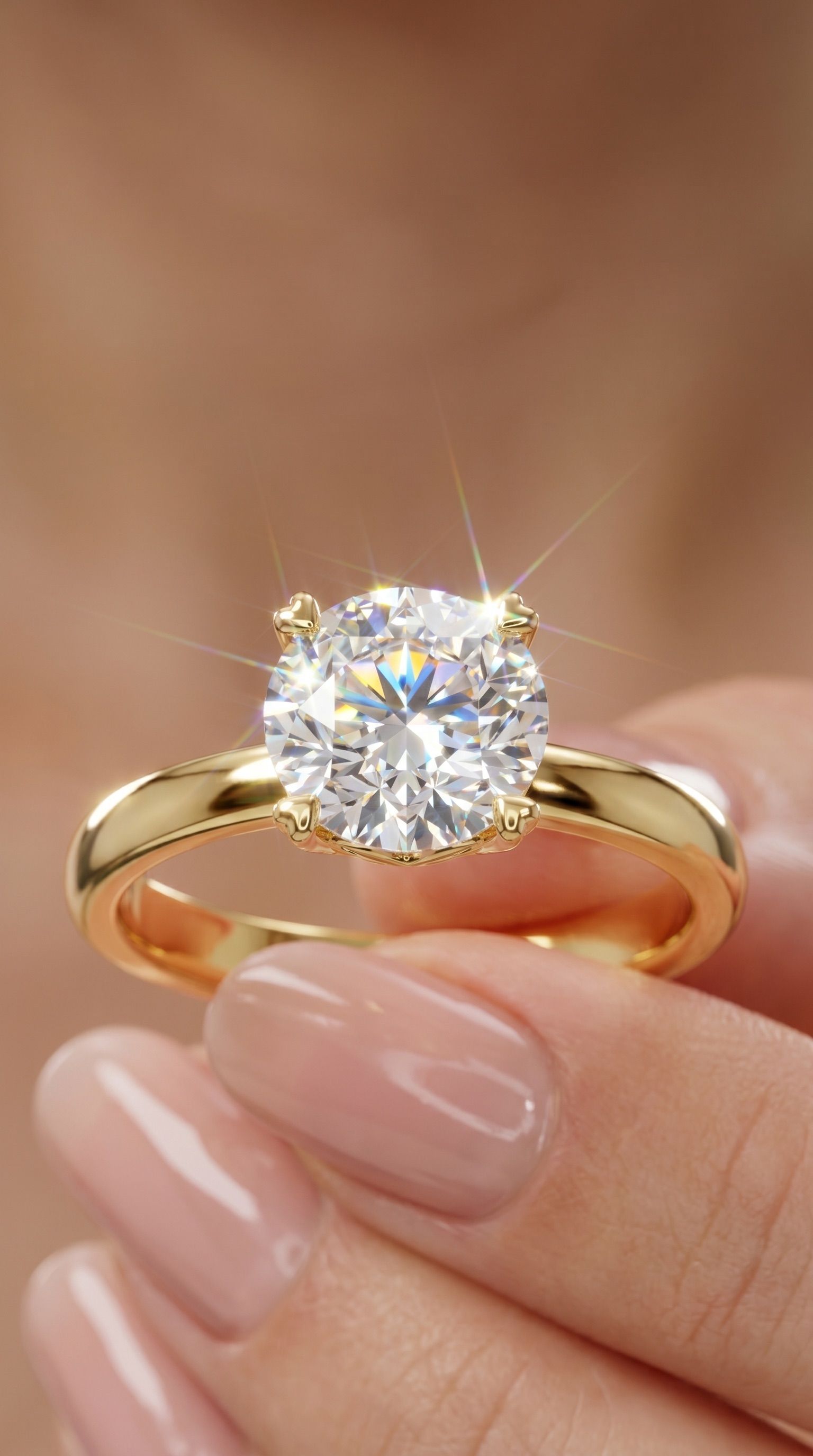 Round heart-prong solitaire ring held between fingers