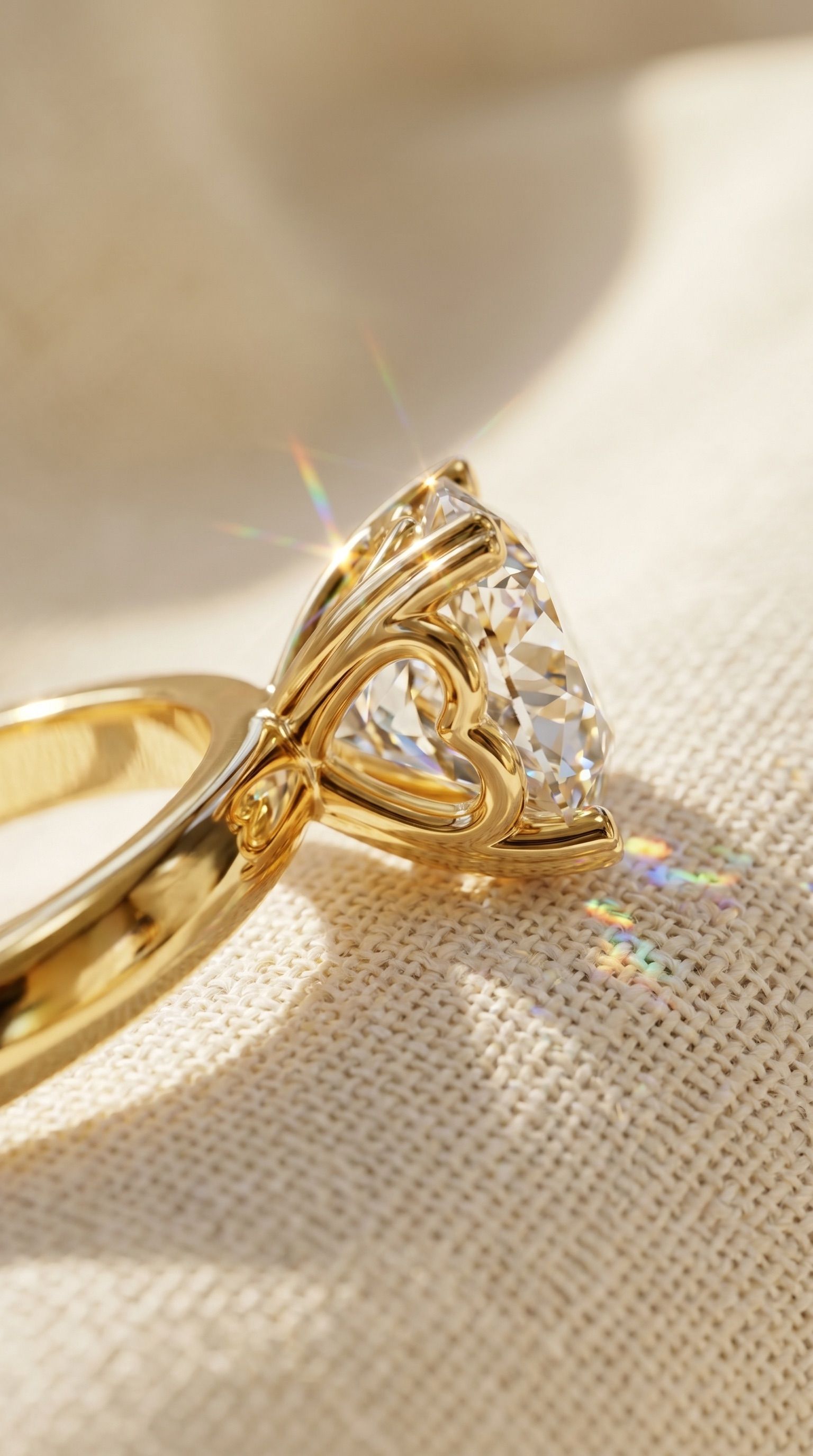 Side view of round heart-prong solitaire ring
