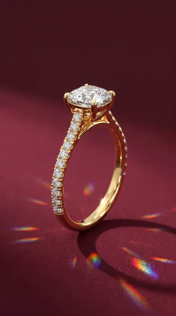 Cushion cathedral sidestone ring by Miruu shown as a finished ring reference.