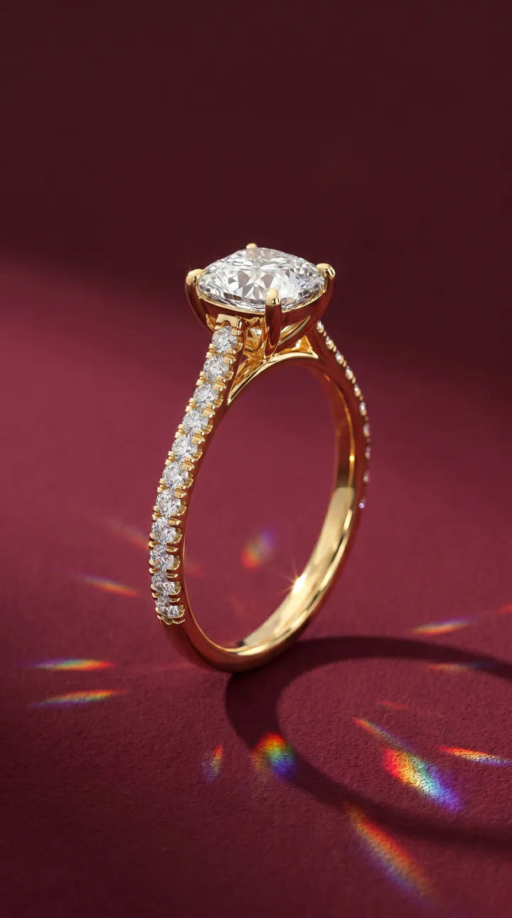 Cushion cathedral sidestone engagement ring photographed against a neutral light fabric.