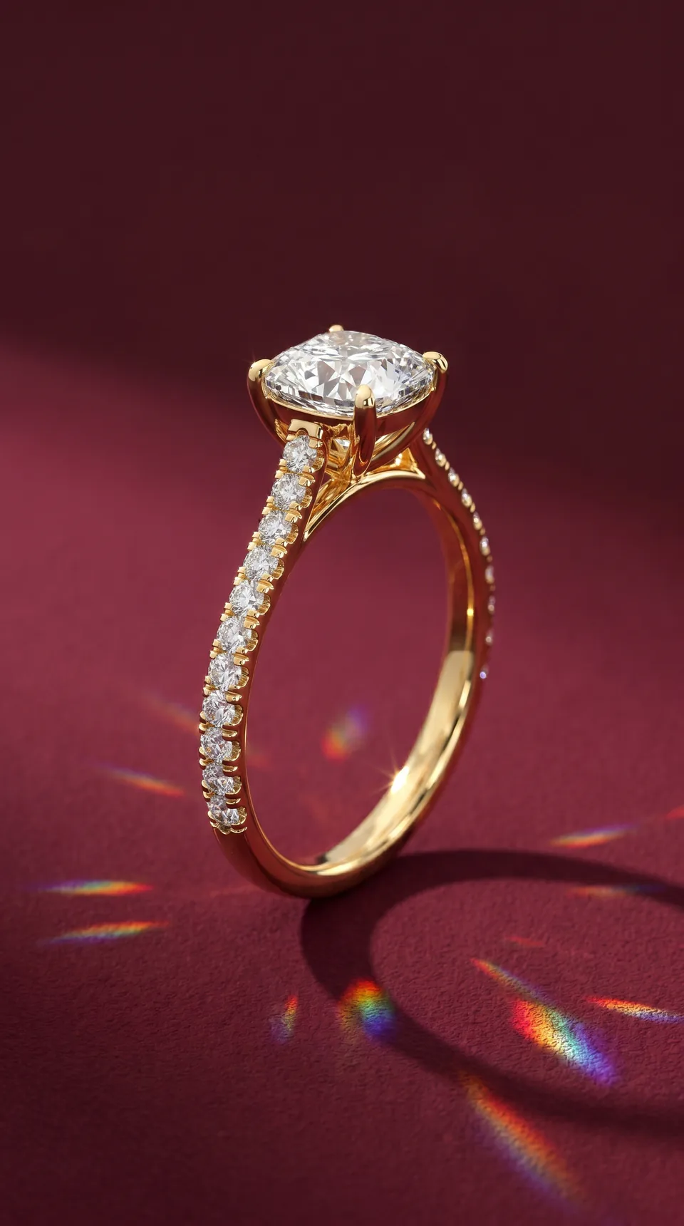 Custom cushion cathedral sidestone engagement ring by Miruu